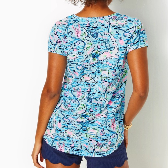 Lilly Pulitzer Etta V-Neck T-Shirt-Lilly Loves Cape Cod-Bali Blue-NWT In Package - Picture 4 of 8